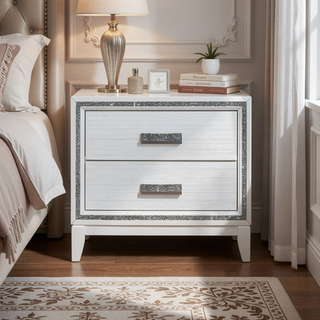 Sunvega White Finish Transitional Glam Nightstand with Spacious 2-Drawer Storage