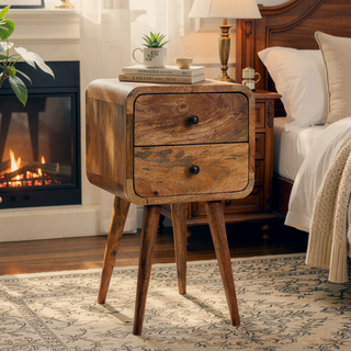 Sunvega Solid Mango Wood Nightstand with Two Drawers Oak-ish Finish
