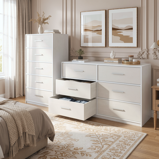Sunvega White 5-Drawer Dresser with Spacious Fabric Drawers for Bedroom Storage