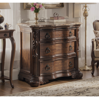 Sunvega Traditional Formal Style Nightstand with Genuine Marble Top and Three Drawers