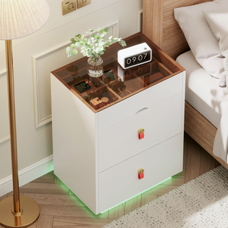 Sunvega Modern Nightstand with LED Light 3 Drawers Glass Top Jewelry Storage
