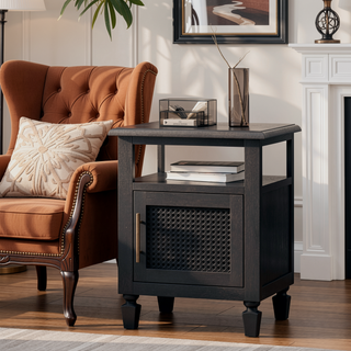 Sunvega Rustic Acacia Wood Nightstand with Cane Webbing and Storage Space