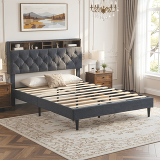 Sunvega Queen Size Upholstered Platform Bed Frame with USB Ports and Storage Headboard