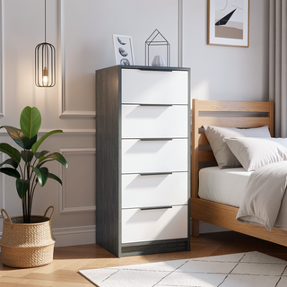 Sunvega 42" High Modern Five Drawer Vertical Dresser in White and Smokey Oak