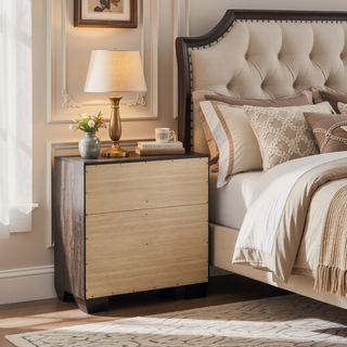 Sunvega Mid-Century Modern 5-Drawer Chest in Washed Taupe with Oak Grain and Metallic Pulls
