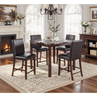 Sunvega Espresso Brown Finish Faux Marble Top Dining Table with 4 Cushioned Chairs