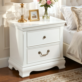 Sunvega White Wood Nightstand with Dovetail Drawers and Polished Nickel Knobs