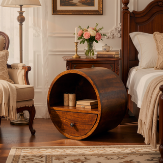 Sunvega Handcrafted Solid Wood Circular Bedside Table with Drawer and Open Slot