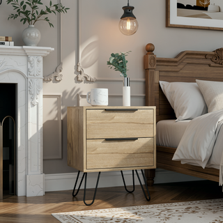 Sunvega Modern Hairpin Leg Nightstand with Two Drawers in Light Oak