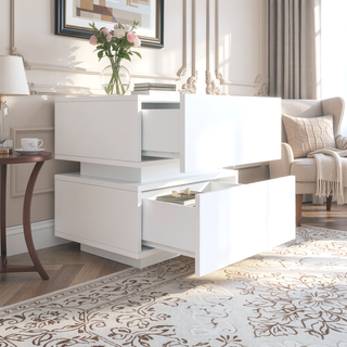 Sunvega White High Glossy Modern Nightstand with 2 Drawers and RGB LED Light