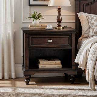 Sunvega Dark Oak Nightstand with Drawer and Open Cubby for Bedroom Storage