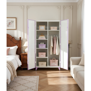 Sunvega White and Purple Butterfly Design Metal Wardrobe with Hanging Rod