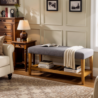 Sunvega Tufted Padded Seat Bench with Open Shelf for Contemporary Spaces