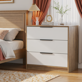 Sunvega White and Light Oak Three Drawer Dresser with Modern Natural Touch