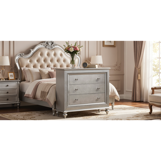 Sunvega Champagne Finish Nightstand with Crystal Accents and Felt-Lined Drawers