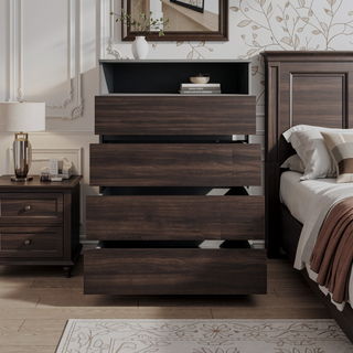 Sunvega Matt Gray and Dark Oak 4 Drawer Dresser with Open Shelf for Storage