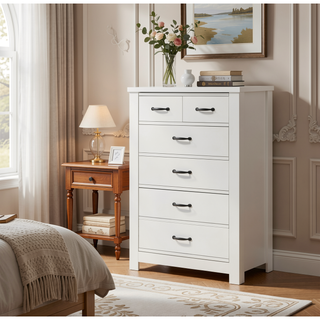 Sunvega 31 Inch White 5-Drawer Chest with Black Handles Paper Lamination Finish