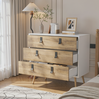 Sunvega White and Macadamia 3-Drawer Dresser with Contemporary Metal Handles and Wooden Legs