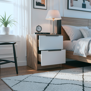 Sunvega Modern Nightstand with Two Drawers in White and Light Oak Finish