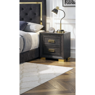 Sunvega Glam Style Black Nightstand with Gold Metal Hardware and Two Drawers
