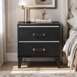 Sunvega Contemporary Black Finish Nightstand with 2 Storage Drawers and Wooden Legs