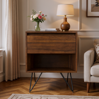Sunvega Modern Industrial Walnut Veneer Nightstand with Drawer and Open Shelf