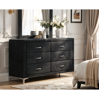 Sunvega Glam Style Black Velvet Upholstered Dresser with Six Drawers and Nailhead Trim