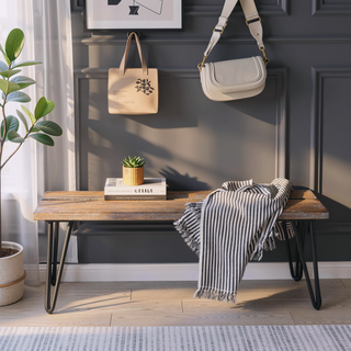 Sunvega Industrial Wood Dining Bench with Rustic Dark Pine Finish and Hairpin Legs