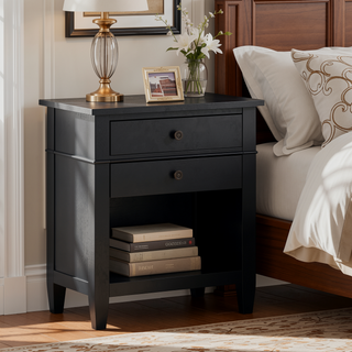 Sunvega Handcrafted Solid Wood Black Transitional Bedside Table with Two Drawers