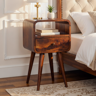 Sunvega Chestnut Brown Solid Wood Mini Curve Bedside with Drawer and Open Slot