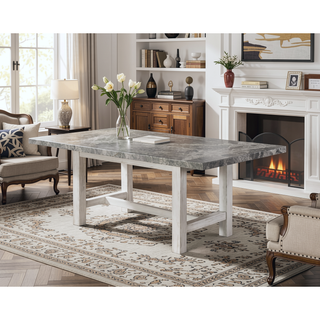 Sunvega Gray Marble Top Dining Table with White Finish and Cross Stretchers