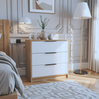 Sunvega Modern 3 Drawer Dresser with Spacious Top Surface in White and Light Oak