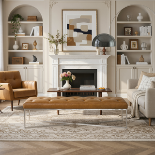 Sunvega Harper Tan Leather Bench with Padded Seat and Teak Wood Frame