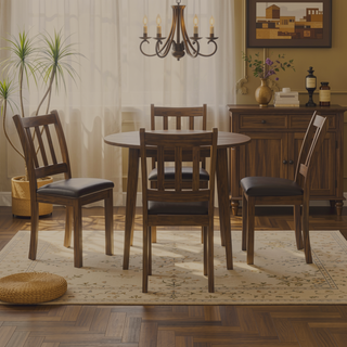 Sunvega Transitional Dark Brown Walnut Wood Round Dining Table With 4 Curved Ladder-back Chairs