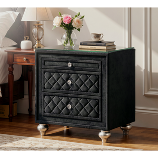 Sunvega Black Glam Nightstand with Velvet Tufted Drawers and Faux Crystal Knobs