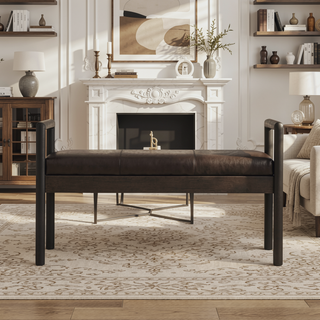 Sunvega Minimalist Solid Wood Gridline Bench with Black Leather Upholstered Frame