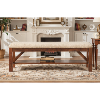 Sunvega Farmhouse Style Solid Rubberwood Dining Bench with Foam Padding