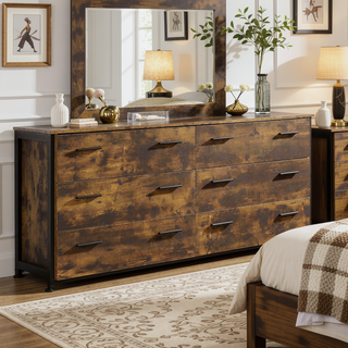 Sunvega Rustic Oak and Black Frame 6-Drawer Dresser with Metal Glide Drawers