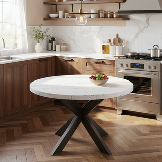 Sunvega White Marble Veneer Top Round Dining Table with Ebony Wood Frame