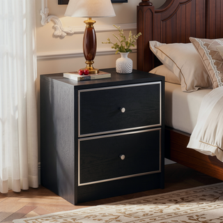 Sunvega Modern Black and Silver 2-Drawer Nightstand with Smooth Metal Glides