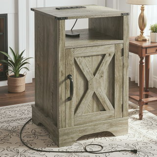 Sunvega White Oak Farmhouse Nightstand with Charging Station and Ample Storage