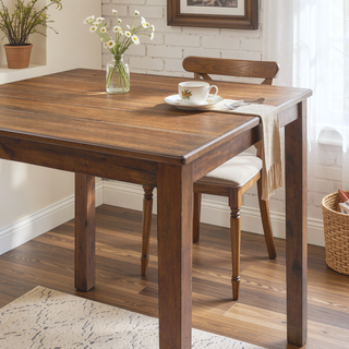 Sunvega Walnut Finish Transitional Dining Table Set with Square Table and Slat Back Chairs