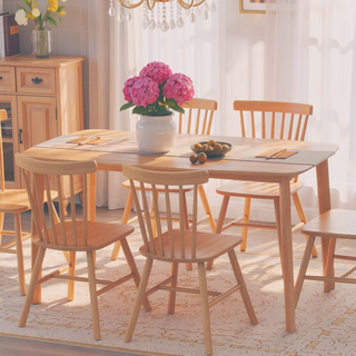 Sunvega Solid Wood Dining Table with Rustic Wood-Effect Top for Family Meals