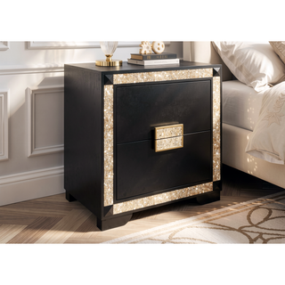 Sunvega Lively Black and Gold Nightstand with Glitter Detail and Spacious Drawers