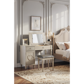Sunvega Silver Color Rubber Wood Vanity Set with Stool and Open Up Mirror Storage