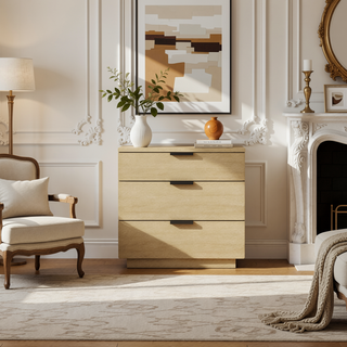 Sunvega Modern Oak Nightstand with 3 Drawers and Glam Metal Handles for Bedroom
