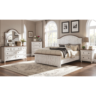 Sunvega Modern Transitional Chest with Metal Drawer Handles in Distressed White and Walnut Finish
