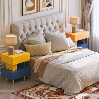Sunvega Modern Yellow and Blue Nightstand with Large Storage Drawers for Bedroom