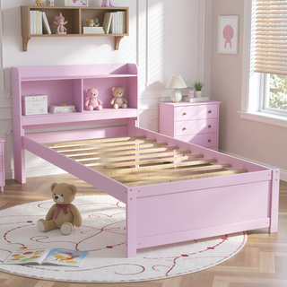 Sunvega White Twin Trundle Bed with Storage Headboard and Bookcase