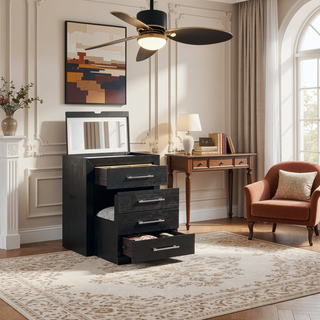 Sunvega Black Contemporary Vanity Set with Stool LED Mirror and Storage Drawers